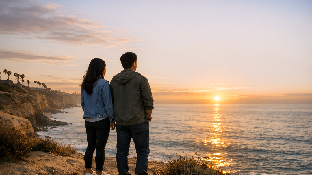 Couple on the San Diego cliffs at sunset.